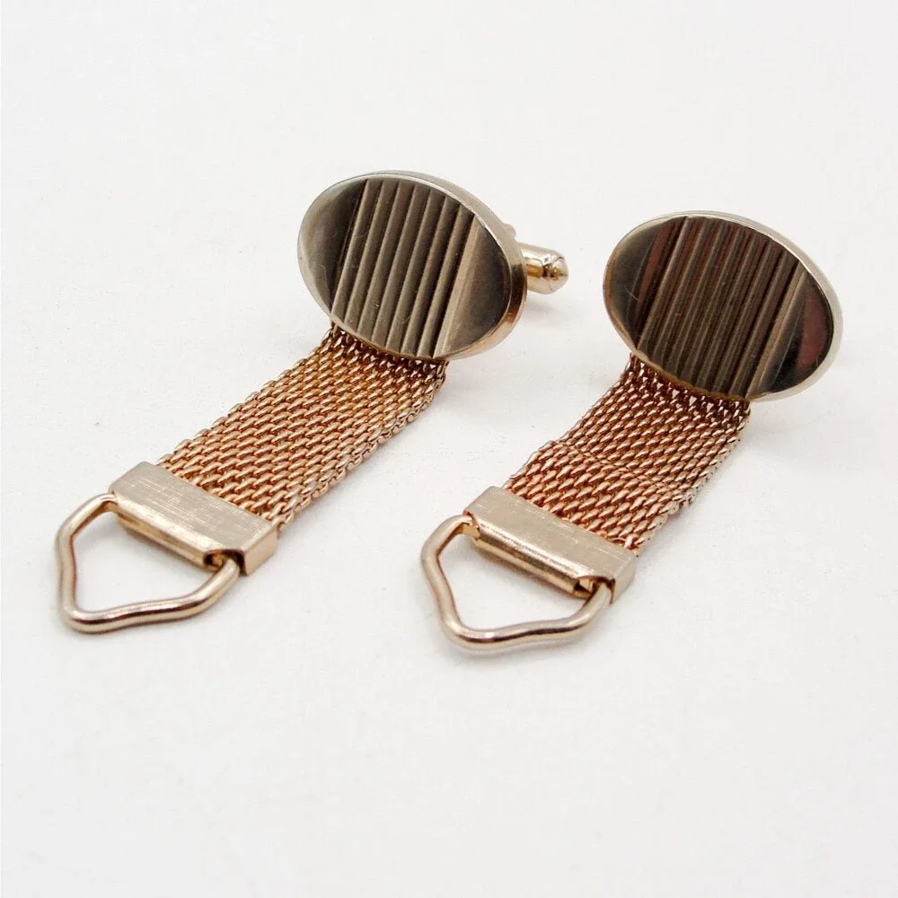 Vintage Oval Striped Lined Gold Tone Mesh Wrap Around Cufflinks Ribbed Retro MCM